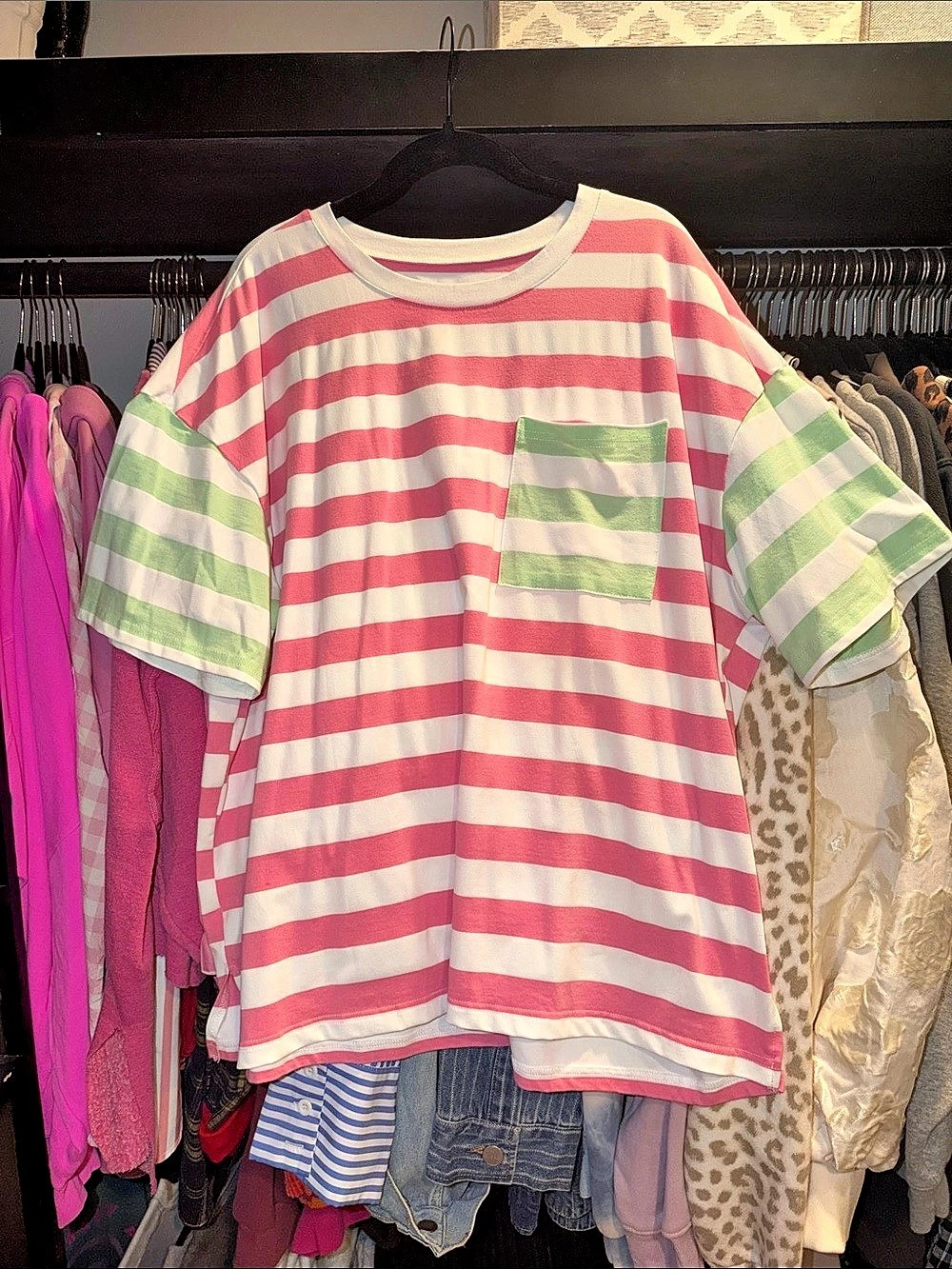 Women's Striped Short Sleeve Tee in Pink & Green